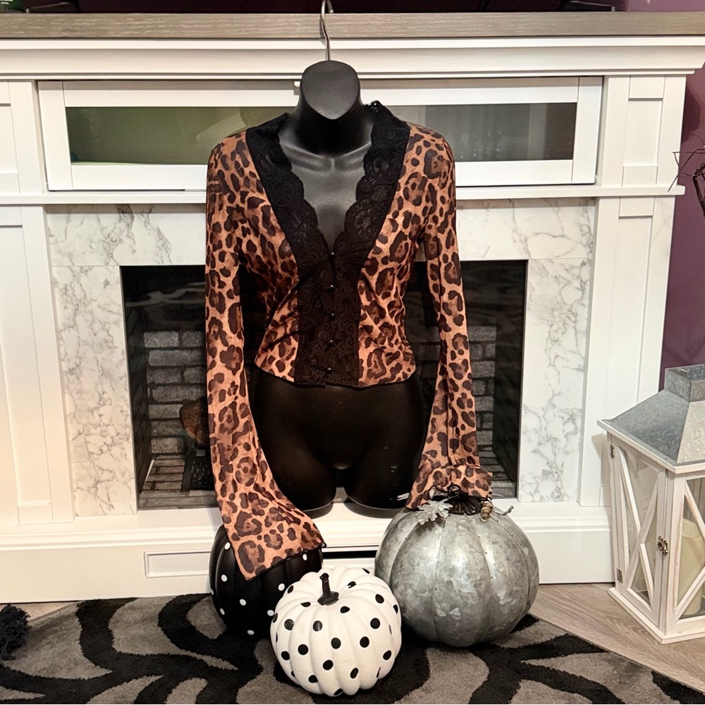 Leopard Print Cardigan with Black Lace Trim